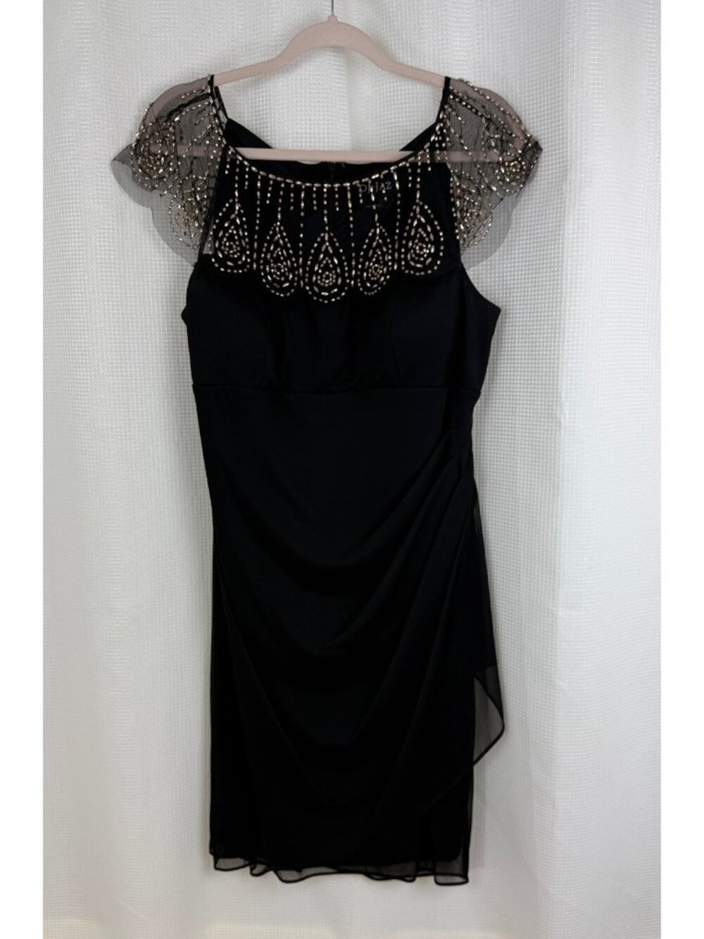 DJ-JAZ Womens Cocktail Dress Size 14 Black Beaded Sheer Cap Sleeve Ruched JC136